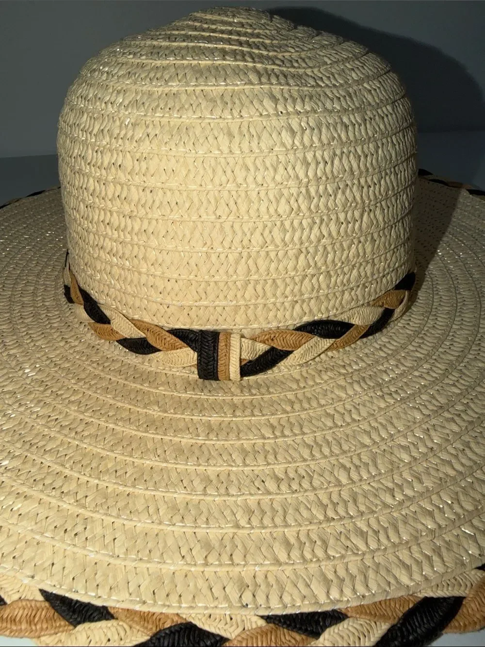 TAHARI Beige Tan Black Braided Detail Floppy Straw Hat